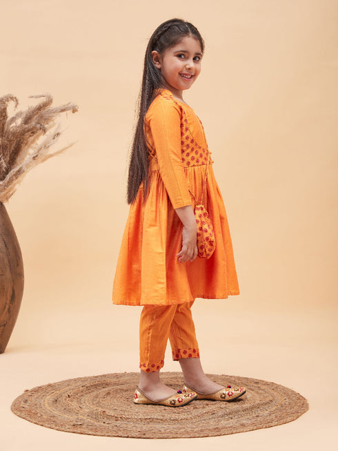 Girl's Orange Anarkali Kurta Pyjama Set With Potli Bag